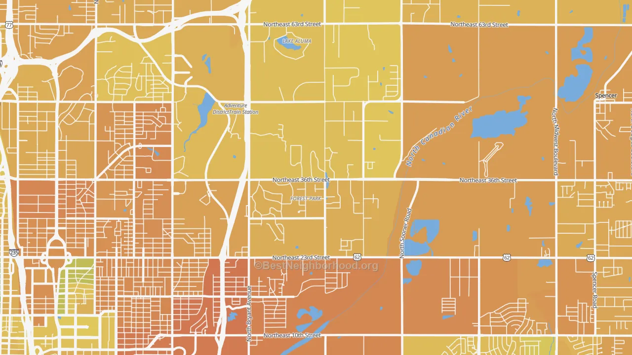 Map of the best neighborhoods in the 73121 area, with better matches in green and worse matches in red