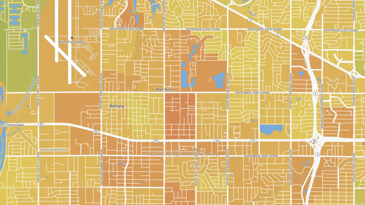Map of the best neighborhoods in the 73122 area, with better matches in green and worse matches in red