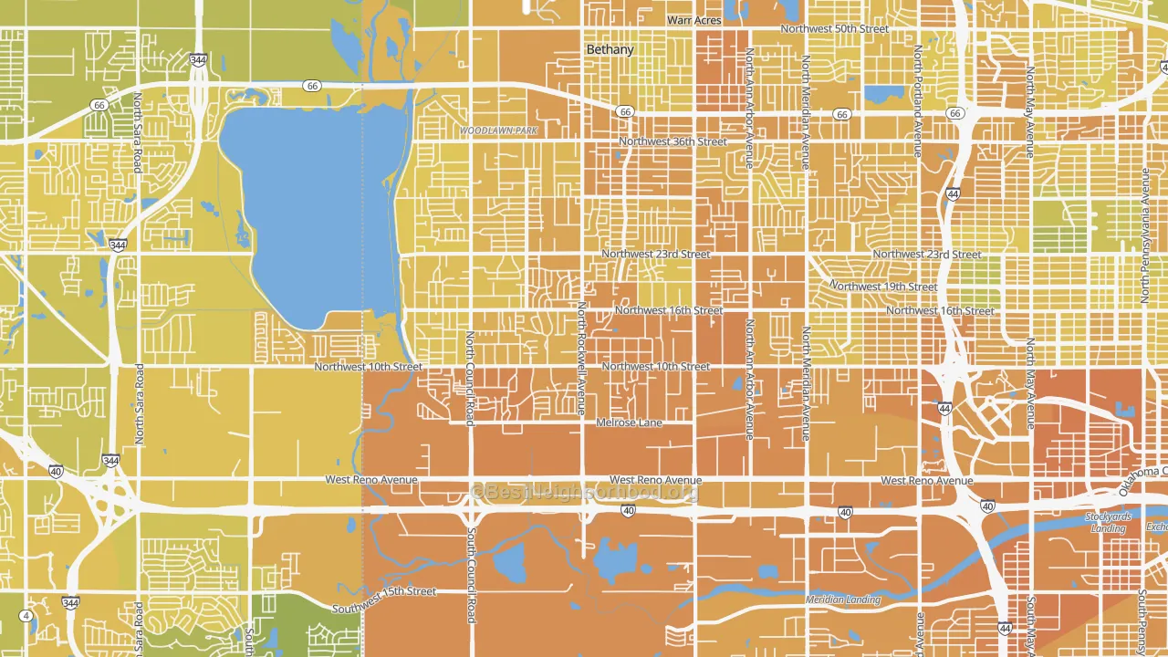 Map of the best neighborhoods in the 73127 area, with better matches in green and worse matches in red