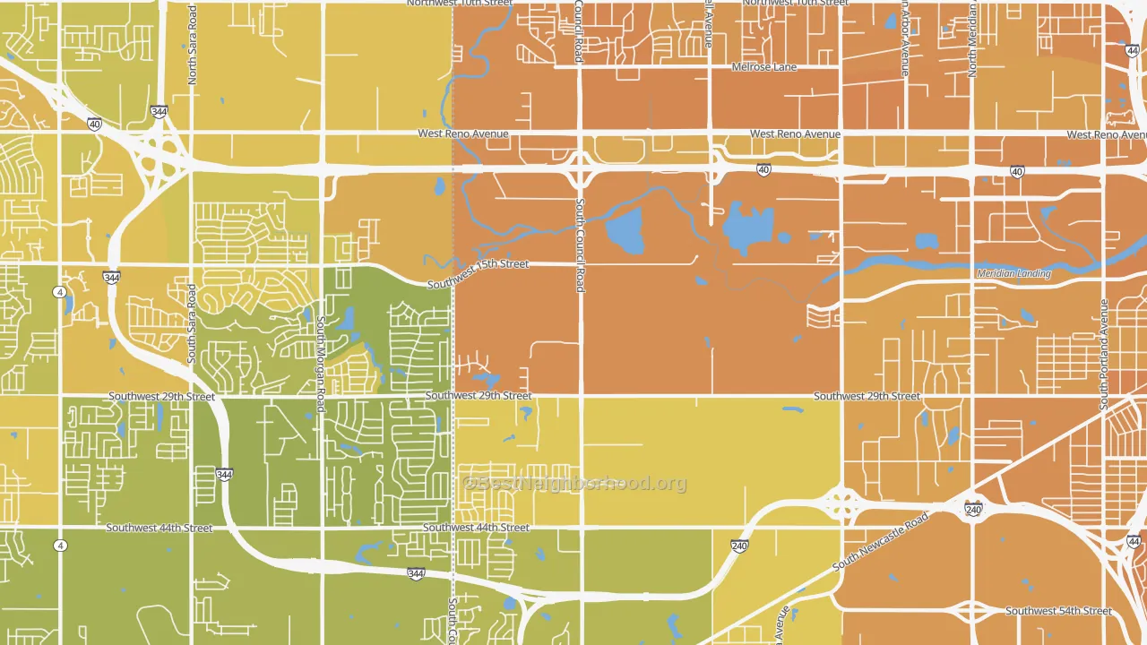 Map of the best neighborhoods in the 73128 area, with better matches in green and worse matches in red