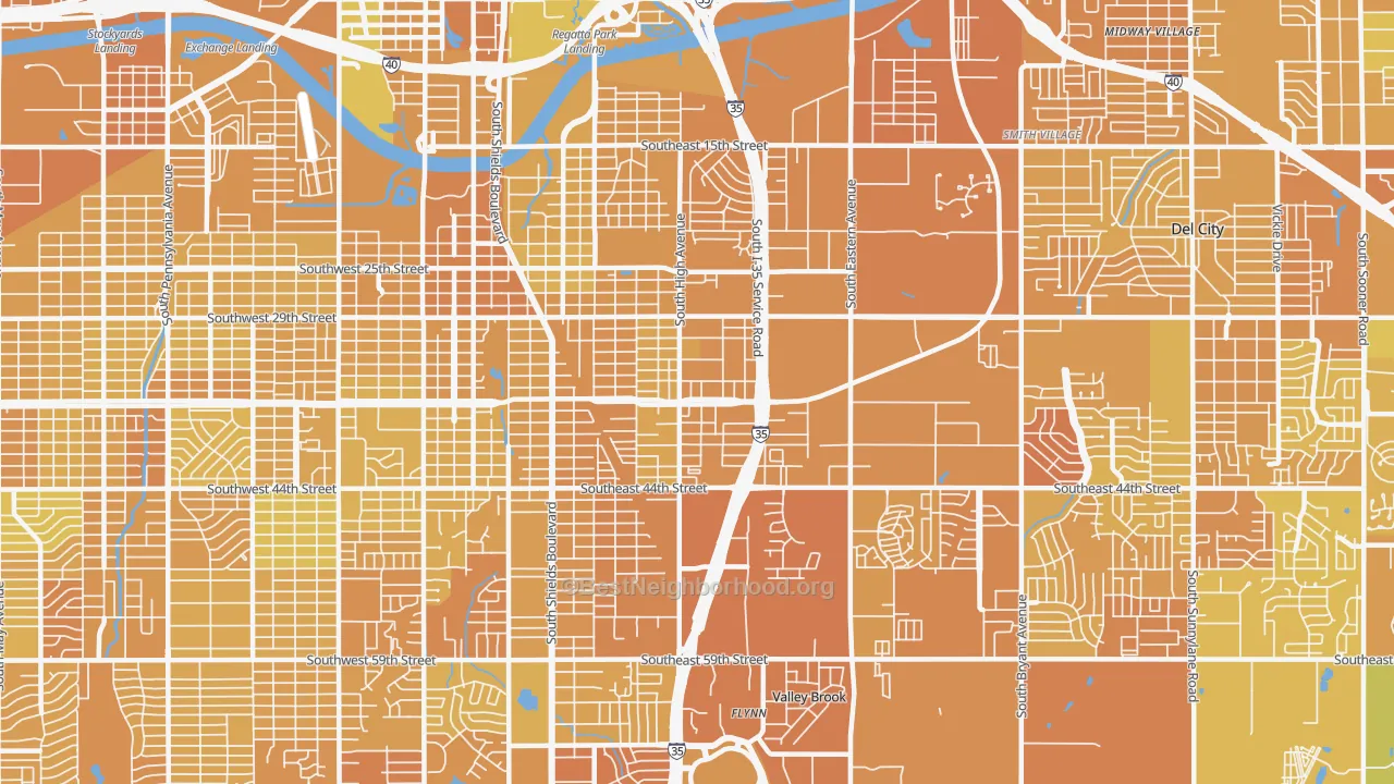 Map of the best neighborhoods in the 73129 area, with better matches in green and worse matches in red