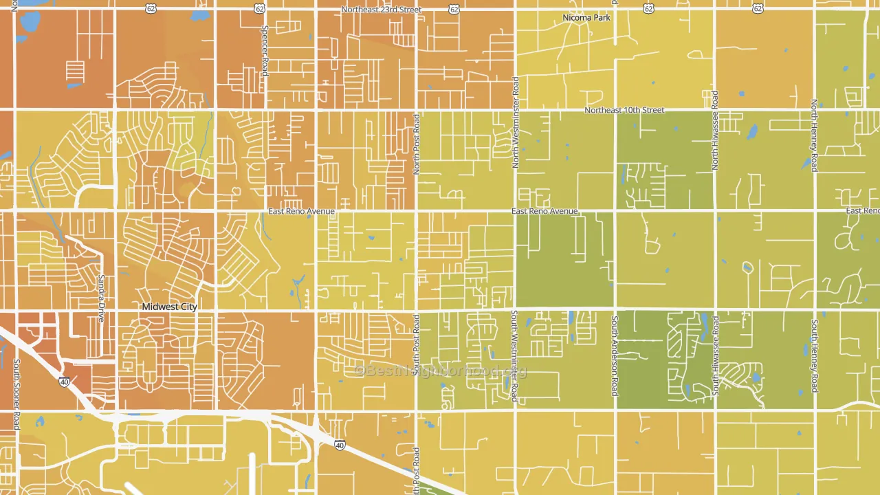 Map of the best neighborhoods in the 73130 area, with better matches in green and worse matches in red