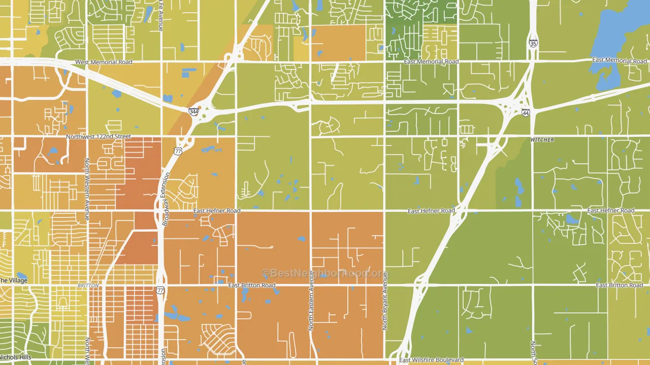 Map of the best neighborhoods in the 73131 area, with better matches in green and worse matches in red