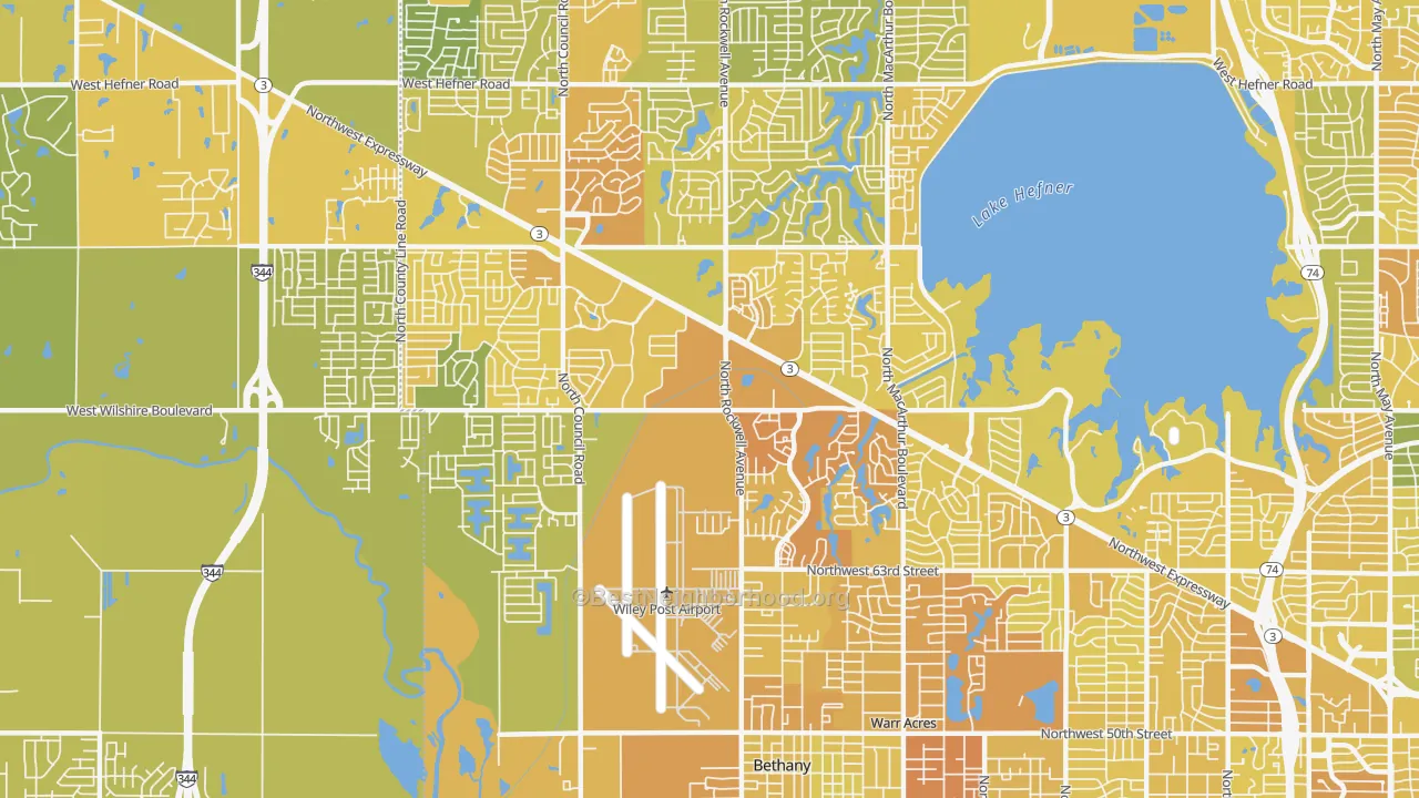 Map of the best neighborhoods in the 73132 area, with better matches in green and worse matches in red
