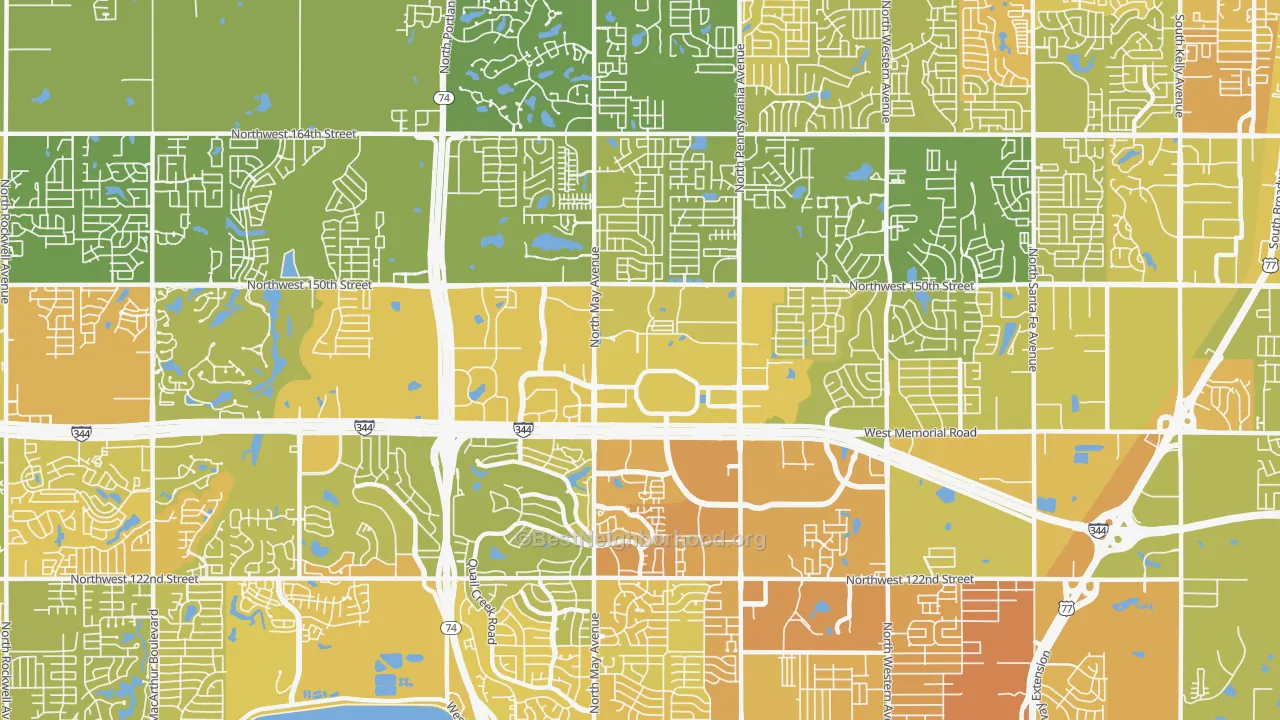 Map of the best neighborhoods in the 73134 area, with better matches in green and worse matches in red