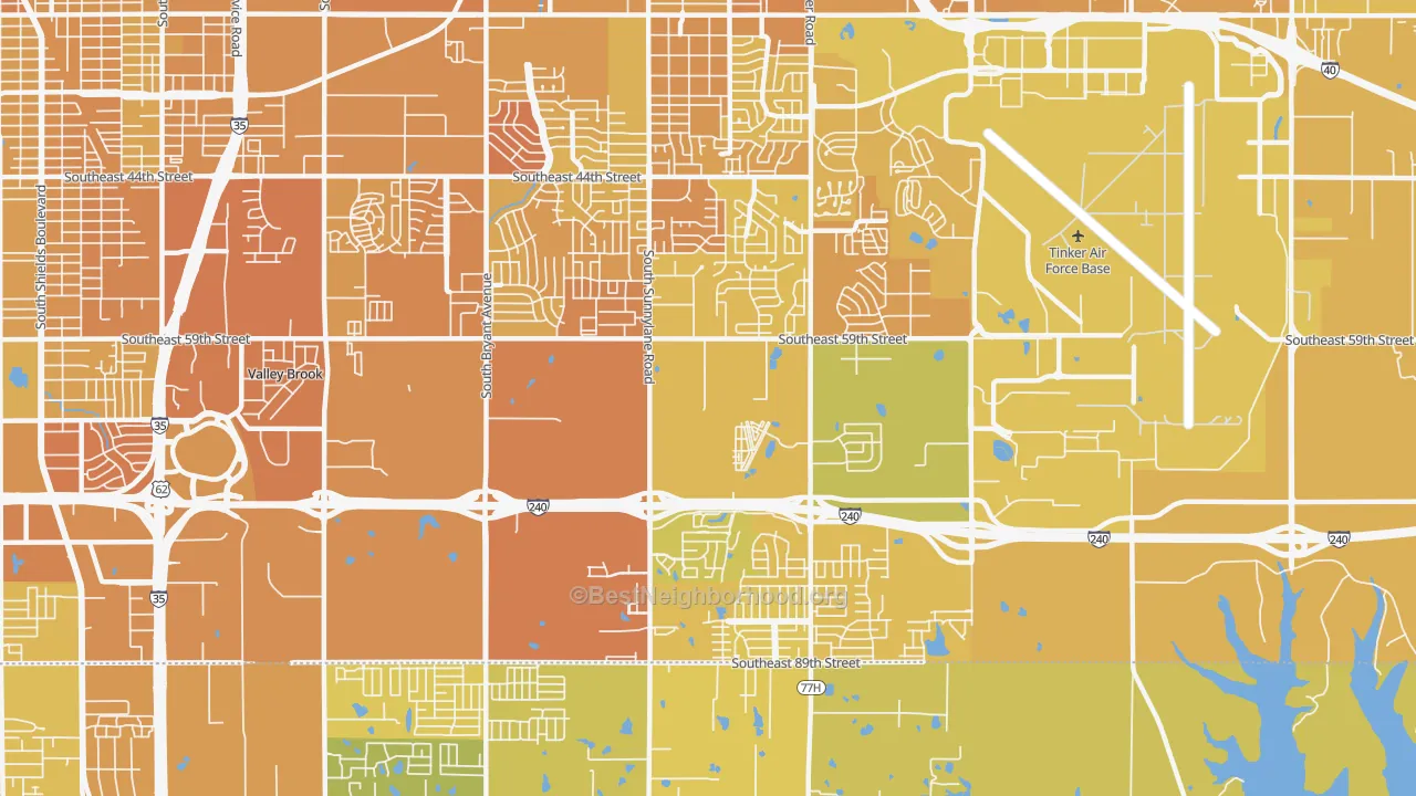 Map of the best neighborhoods in the 73135 area, with better matches in green and worse matches in red