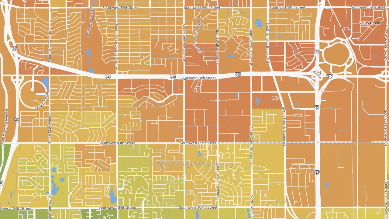 Map of the best neighborhoods in the 73139 area, with better matches in green and worse matches in red