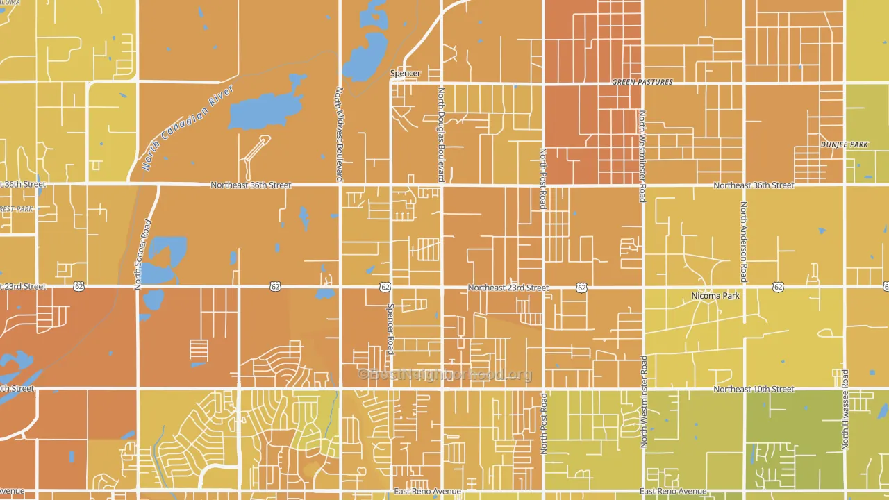 Map of the best neighborhoods in the 73141 area, with better matches in green and worse matches in red