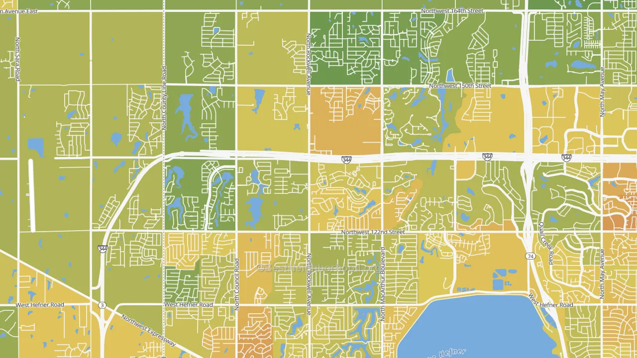 Map of the best neighborhoods in the 73142 area, with better matches in green and worse matches in red