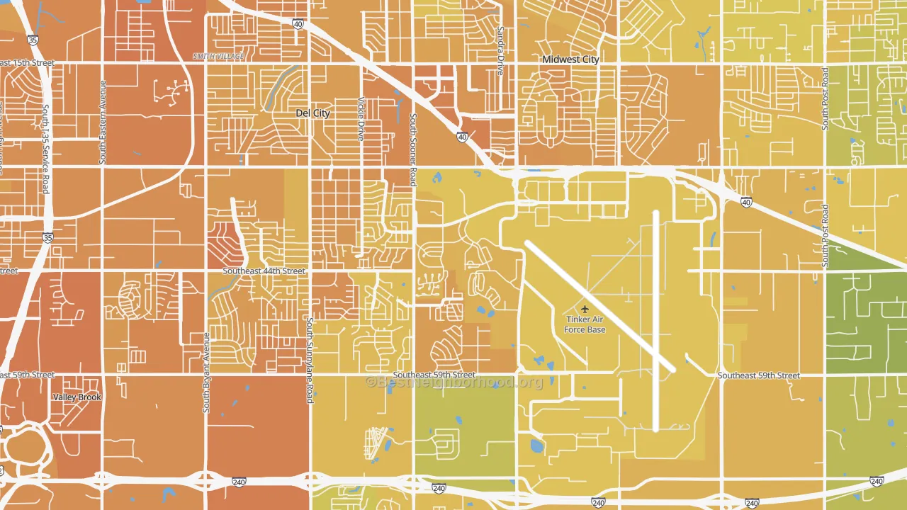 Map of the best neighborhoods in the 73145 area, with better matches in green and worse matches in red
