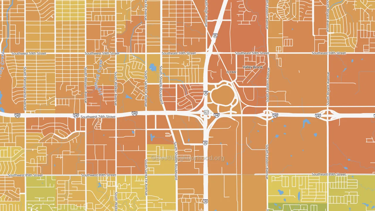 Map of the best neighborhoods in the 73149 area, with better matches in green and worse matches in red