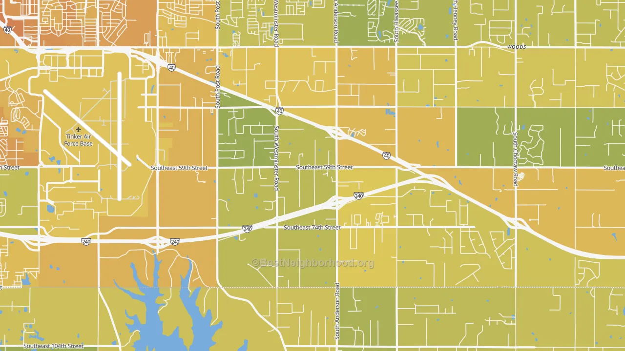 Map of the best neighborhoods in the 73150 area, with better matches in green and worse matches in red