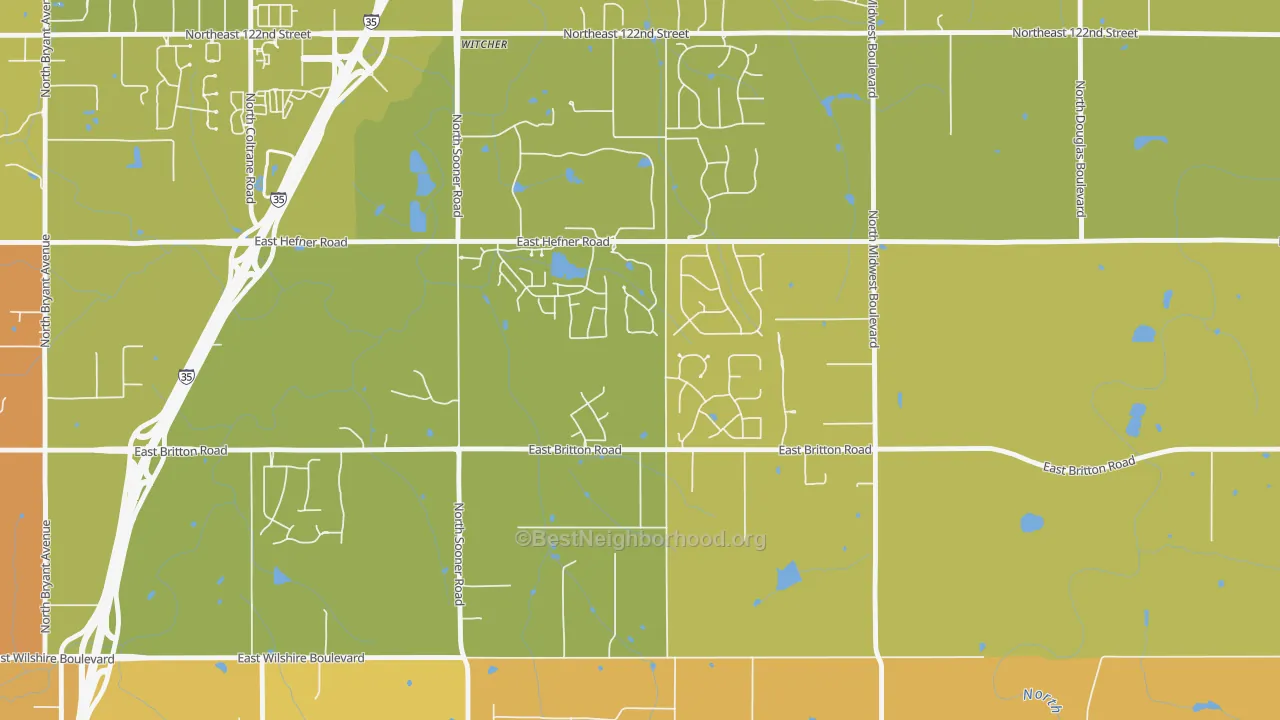 Map of the best neighborhoods in the 73151 area, with better matches in green and worse matches in red