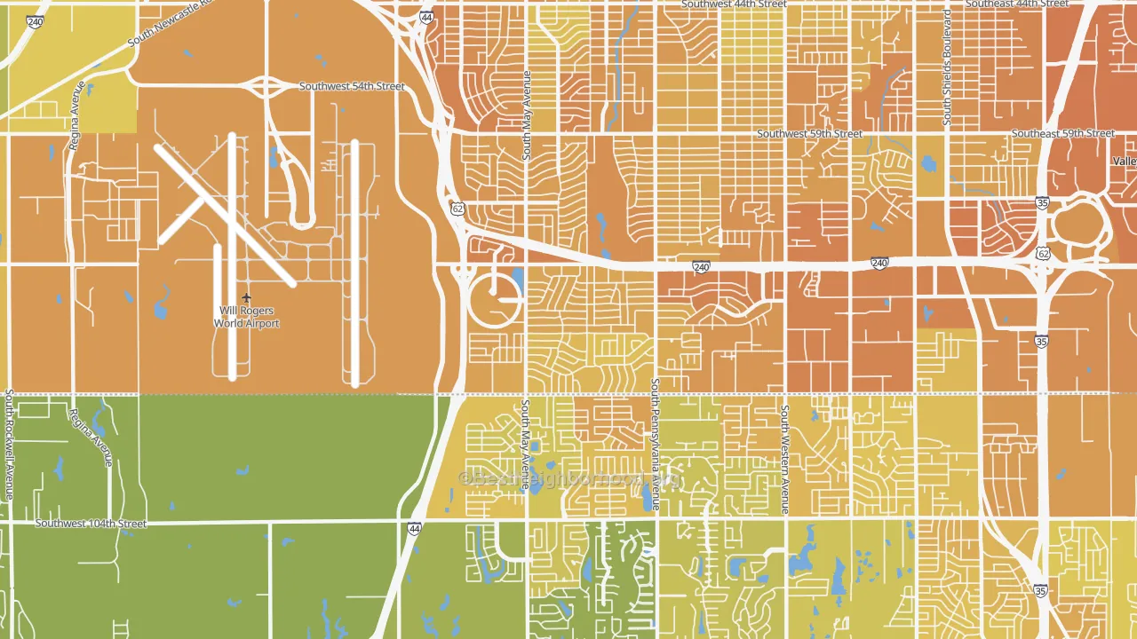 Map of the best neighborhoods in the 73159 area, with better matches in green and worse matches in red