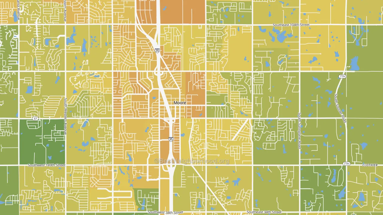 Map of the best neighborhoods in the 73160 area, with better matches in green and worse matches in red