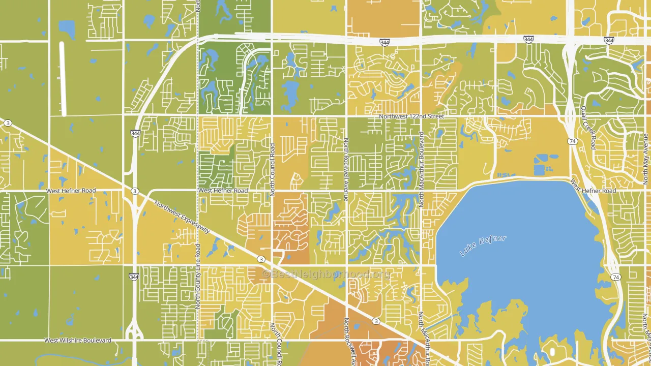 Map of the best neighborhoods in the 73162 area, with better matches in green and worse matches in red