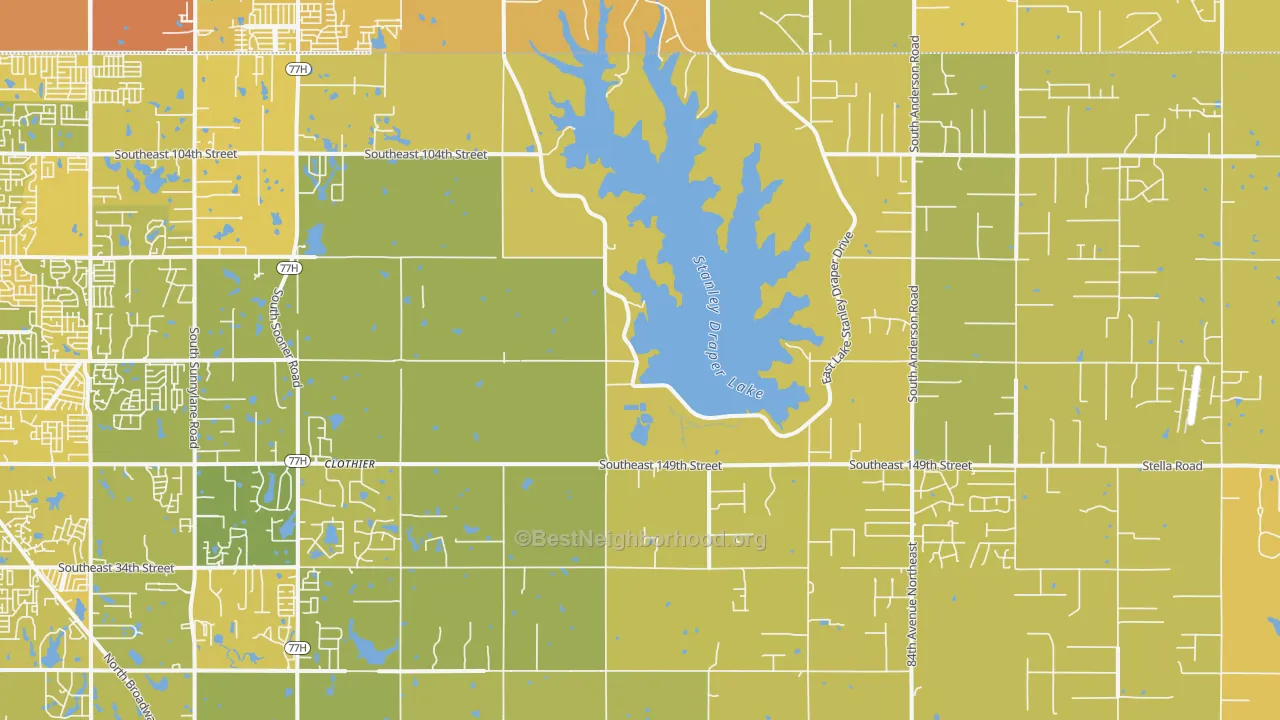 Map of the best neighborhoods in the 73165 area, with better matches in green and worse matches in red