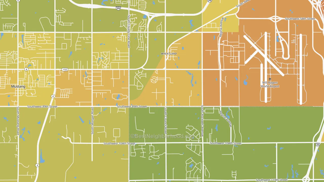 Map of the best neighborhoods in the 73169 area, with better matches in green and worse matches in red