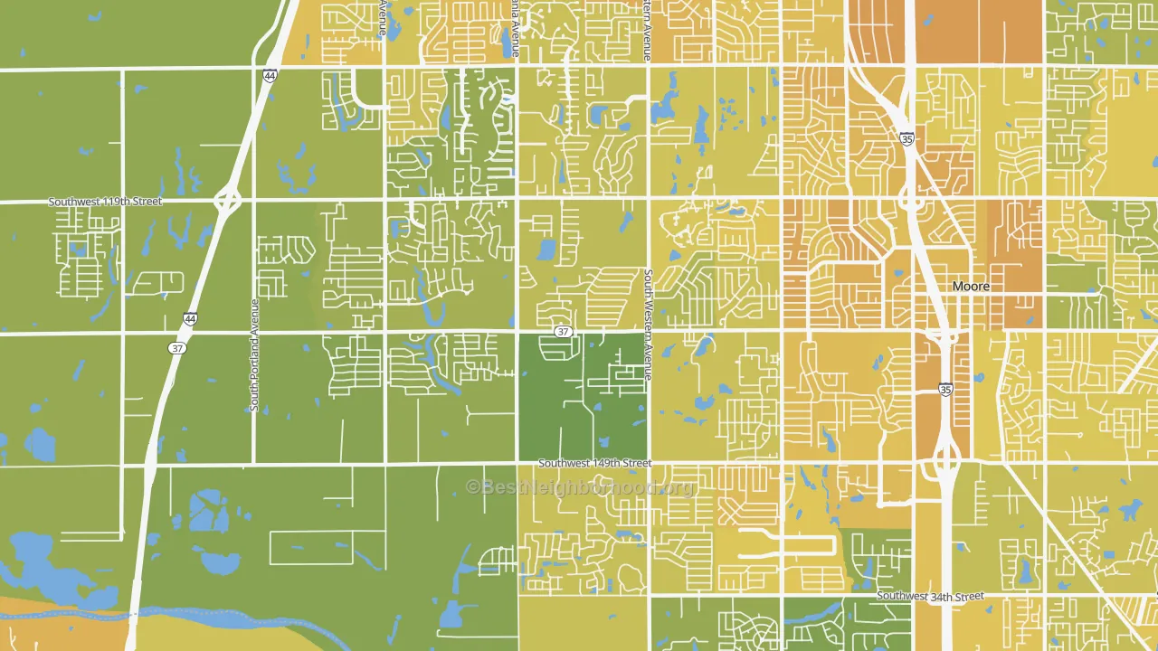 Map of the best neighborhoods in the 73170 area, with better matches in green and worse matches in red