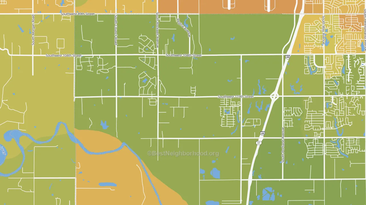 Map of the best neighborhoods in the 73173 area, with better matches in green and worse matches in red