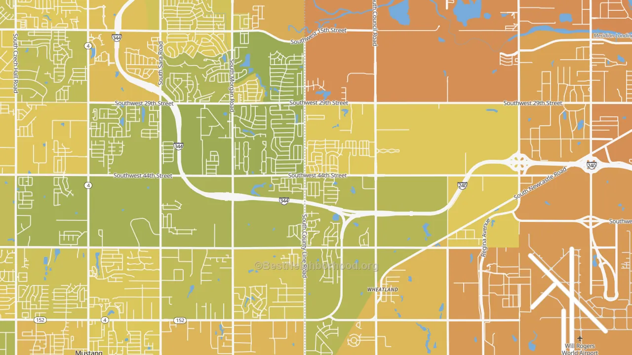 Map of the best neighborhoods in the 73179 area, with better matches in green and worse matches in red