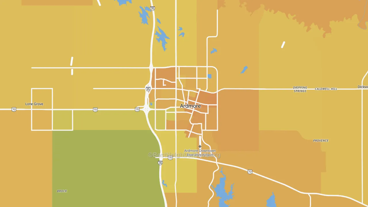 Map of the best neighborhoods in the 73401 area, with better matches in green and worse matches in red