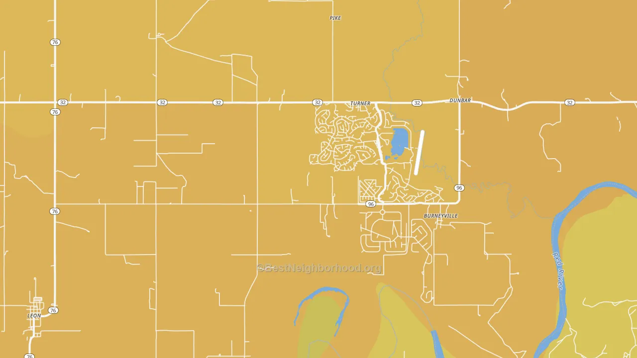 Map of the best neighborhoods in the 73430 area, with better matches in green and worse matches in red