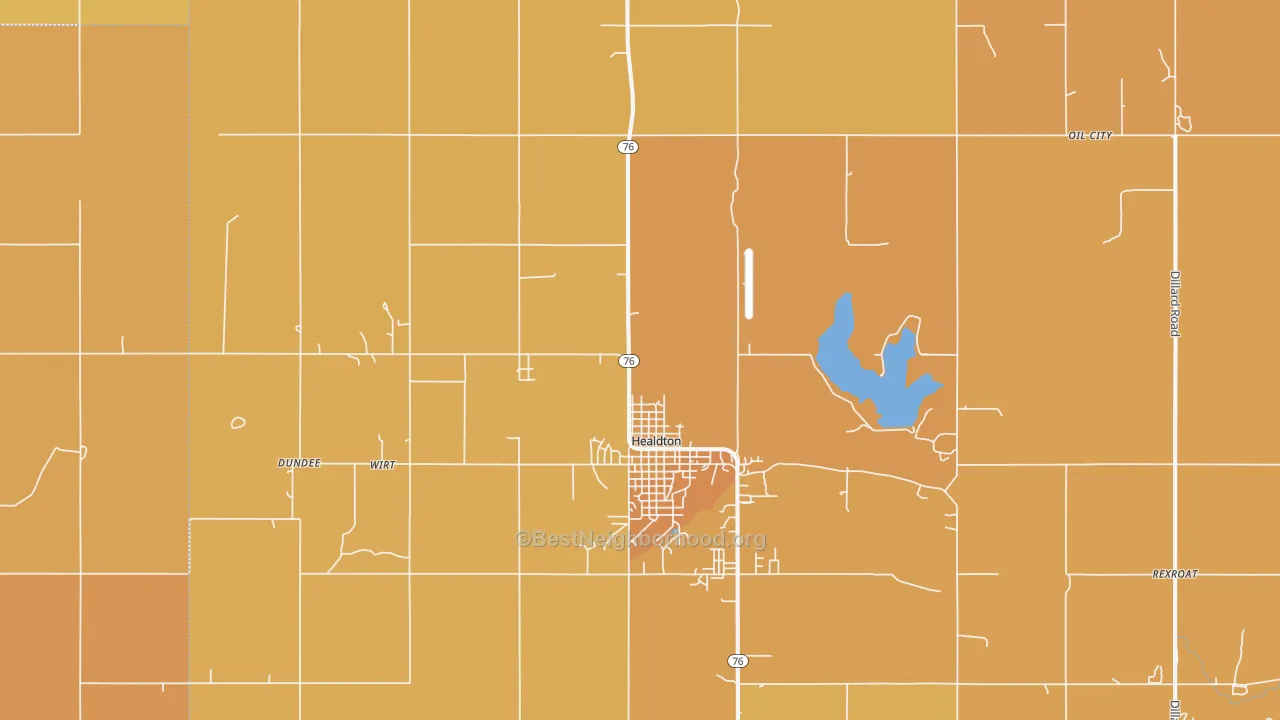 Map of the best neighborhoods in the 73438 area, with better matches in green and worse matches in red