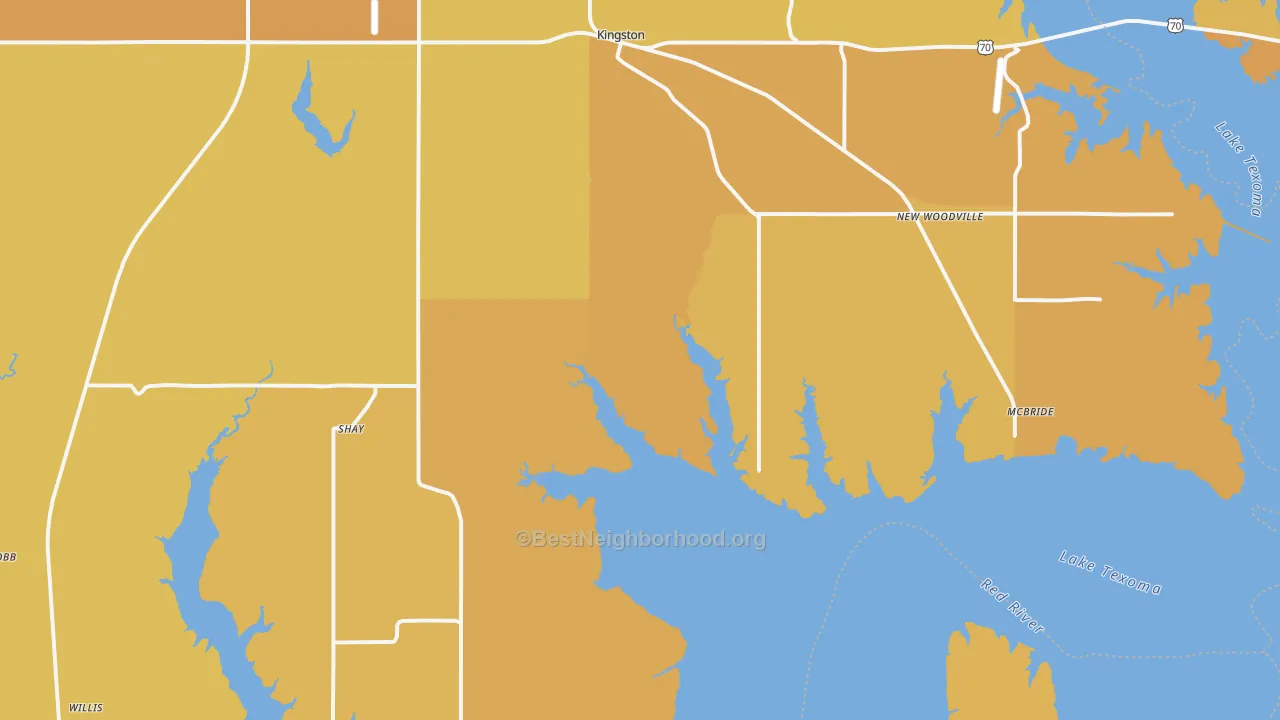 Map of the best neighborhoods in the 73439 area, with better matches in green and worse matches in red