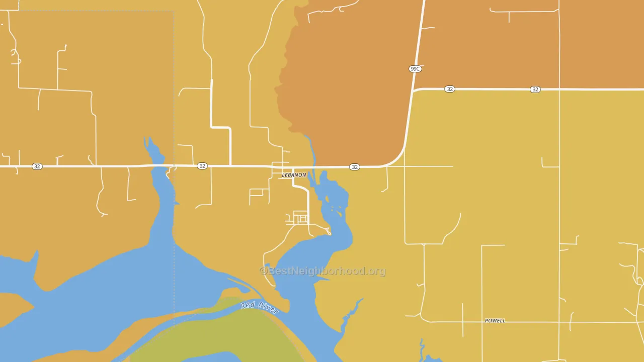 Map of the best neighborhoods in the 73440 area, with better matches in green and worse matches in red
