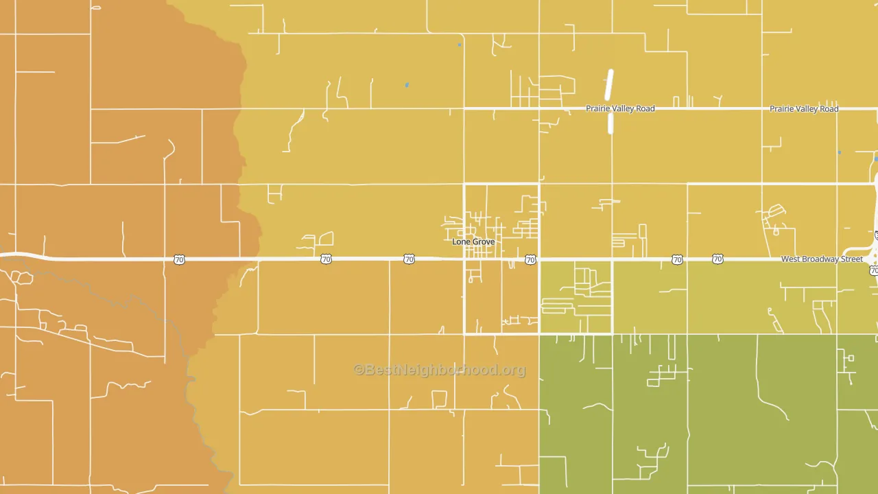 Map of the best neighborhoods in the 73443 area, with better matches in green and worse matches in red