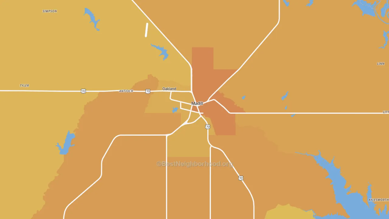 Map of the best neighborhoods in the 73446 area, with better matches in green and worse matches in red