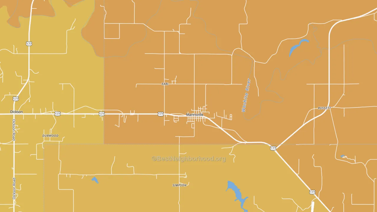 Map of the best neighborhoods in the 73447 area, with better matches in green and worse matches in red