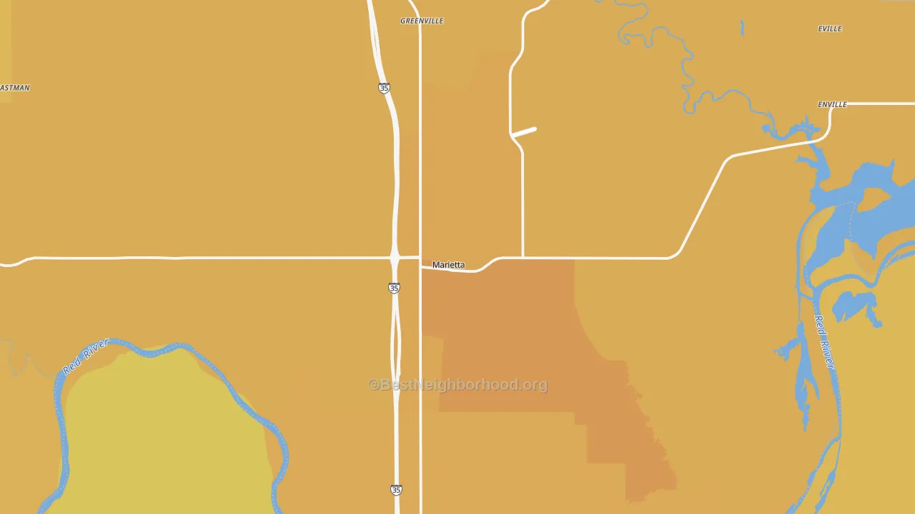 Map of the best neighborhoods in the 73448 area, with better matches in green and worse matches in red