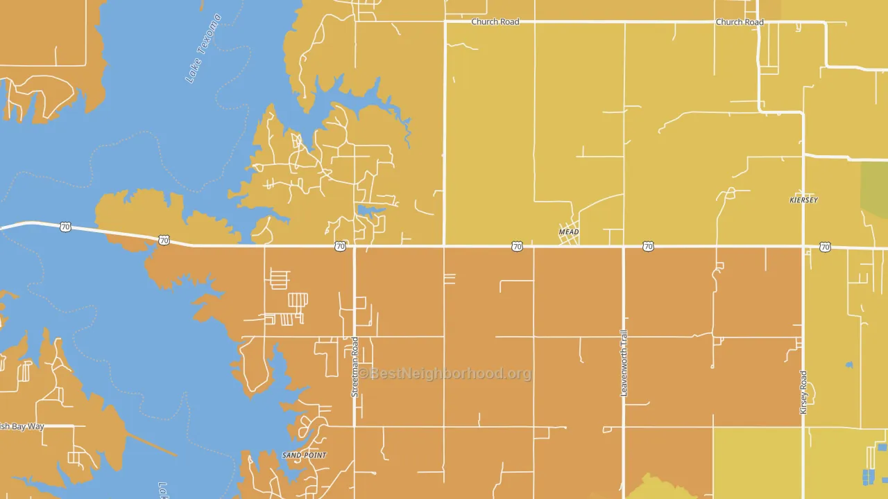 Map of the best neighborhoods in the 73449 area, with better matches in green and worse matches in red