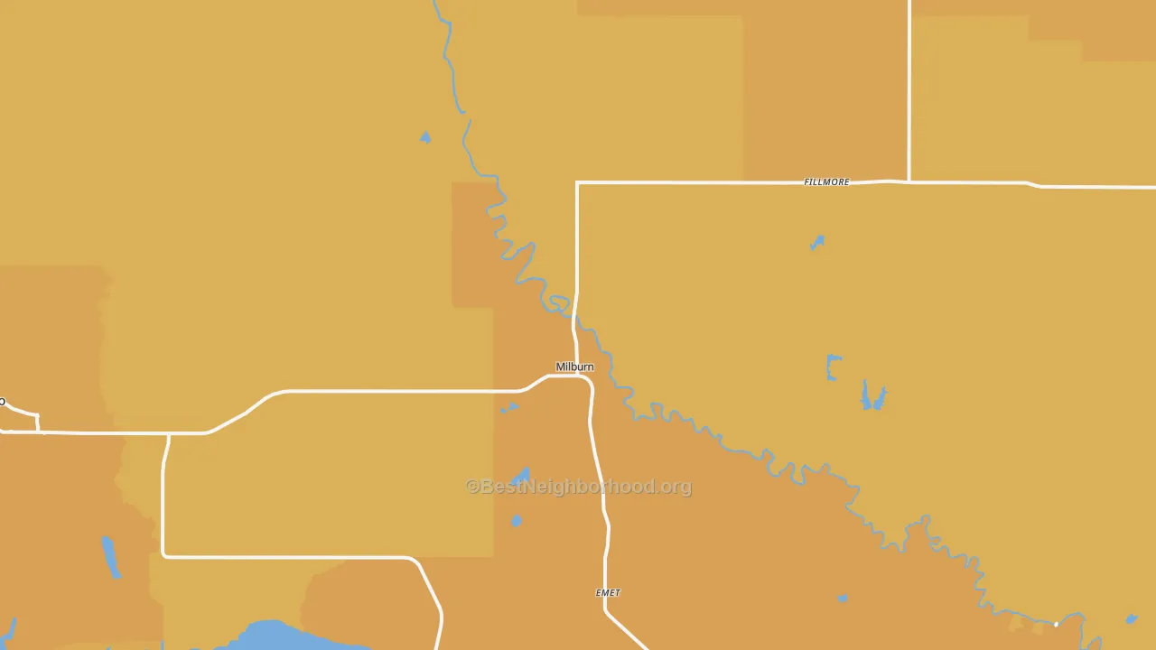 Map of the best neighborhoods in the 73450 area, with better matches in green and worse matches in red