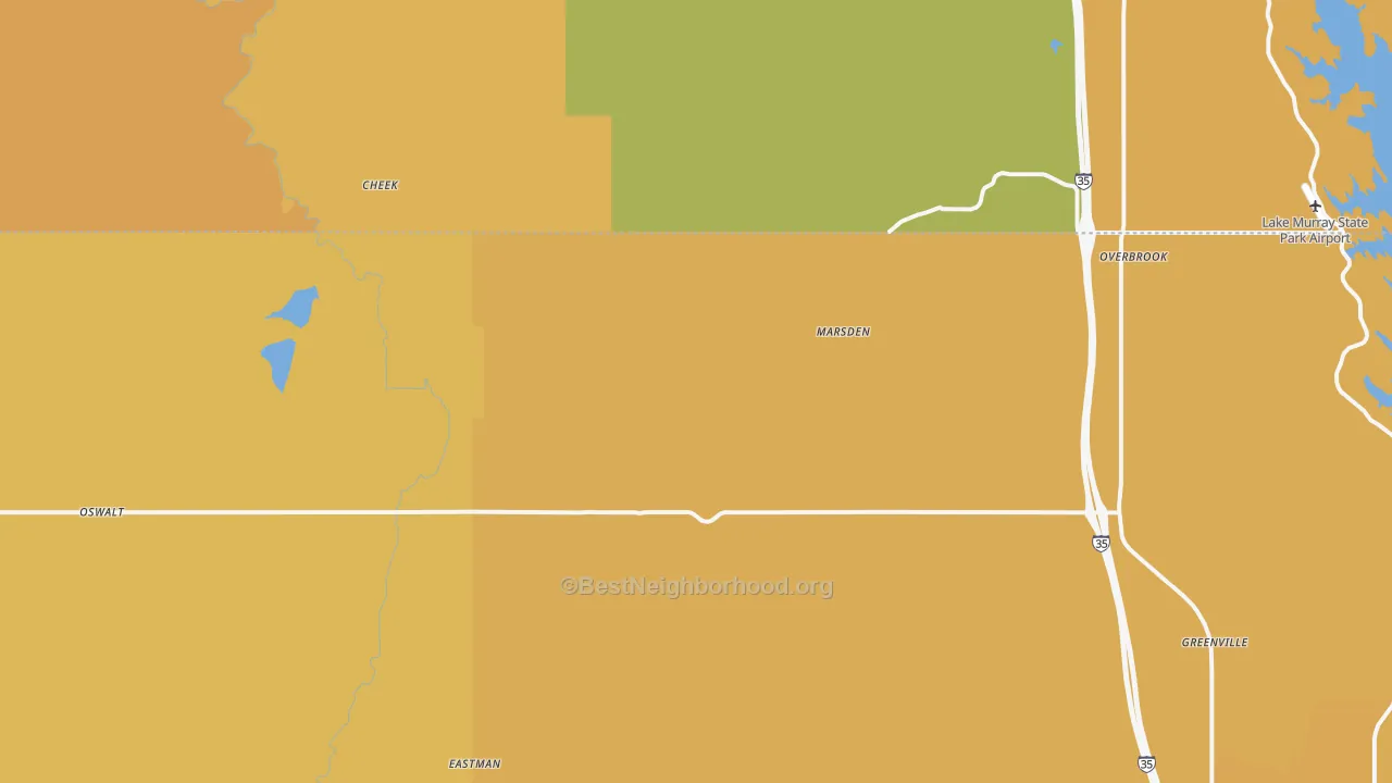 Map of the best neighborhoods in the 73453 area, with better matches in green and worse matches in red