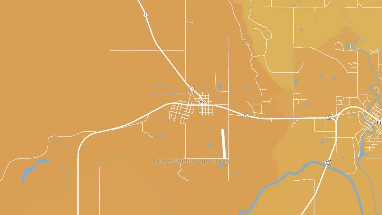 Map of the best neighborhoods in the 73455 area, with better matches in green and worse matches in red