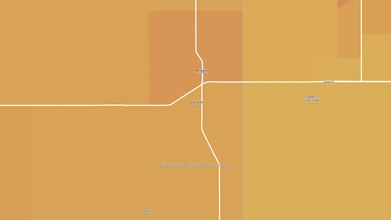 Map of the best neighborhoods in the 73456 area, with better matches in green and worse matches in red