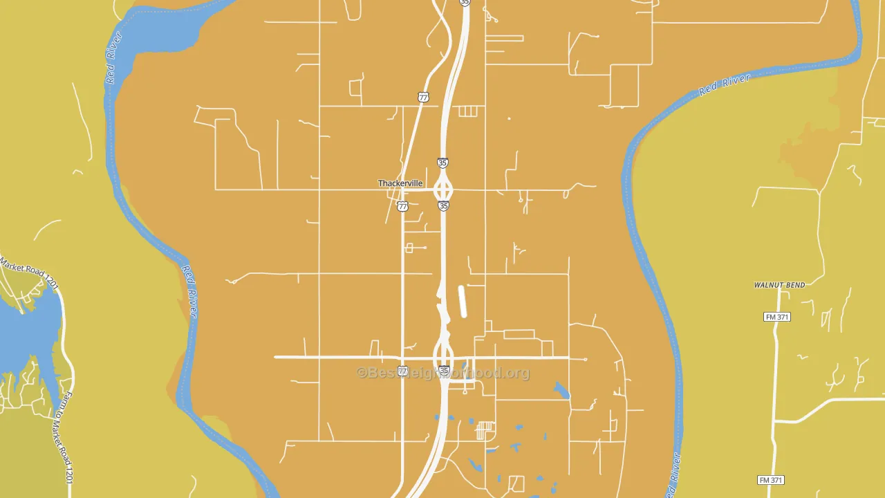 Map of the best neighborhoods in the 73459 area, with better matches in green and worse matches in red