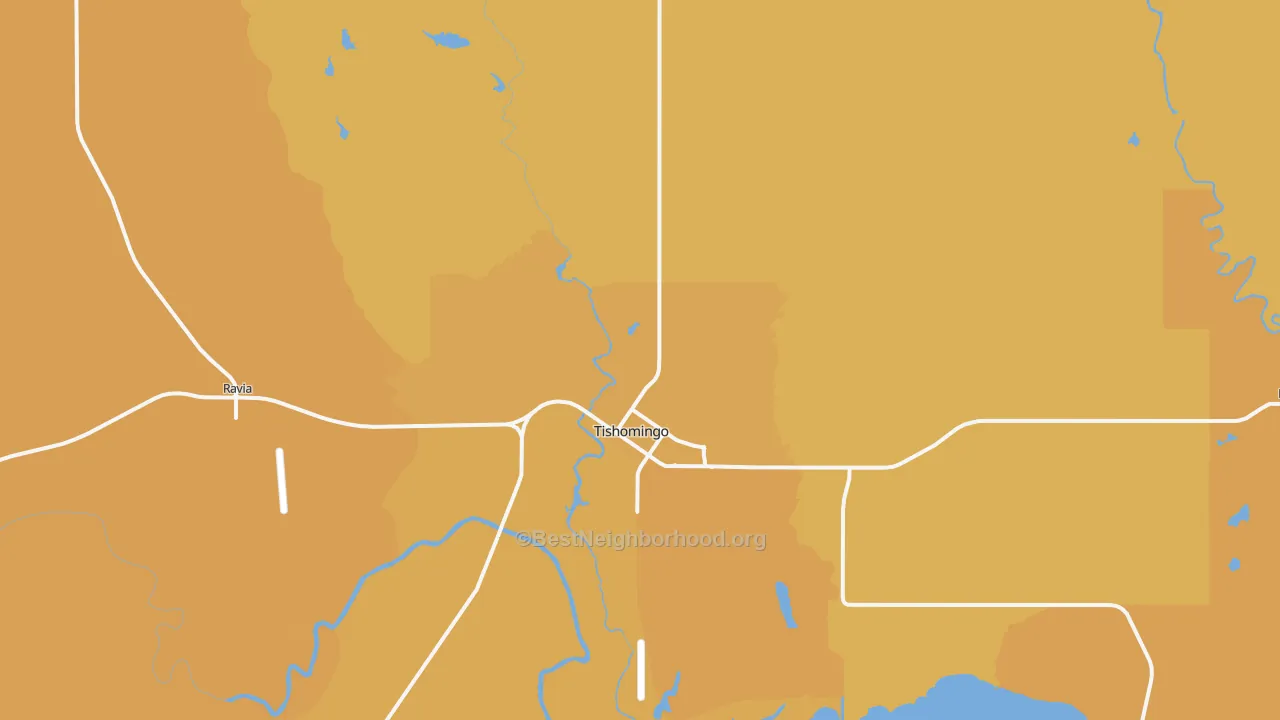 Map of the best neighborhoods in the 73460 area, with better matches in green and worse matches in red