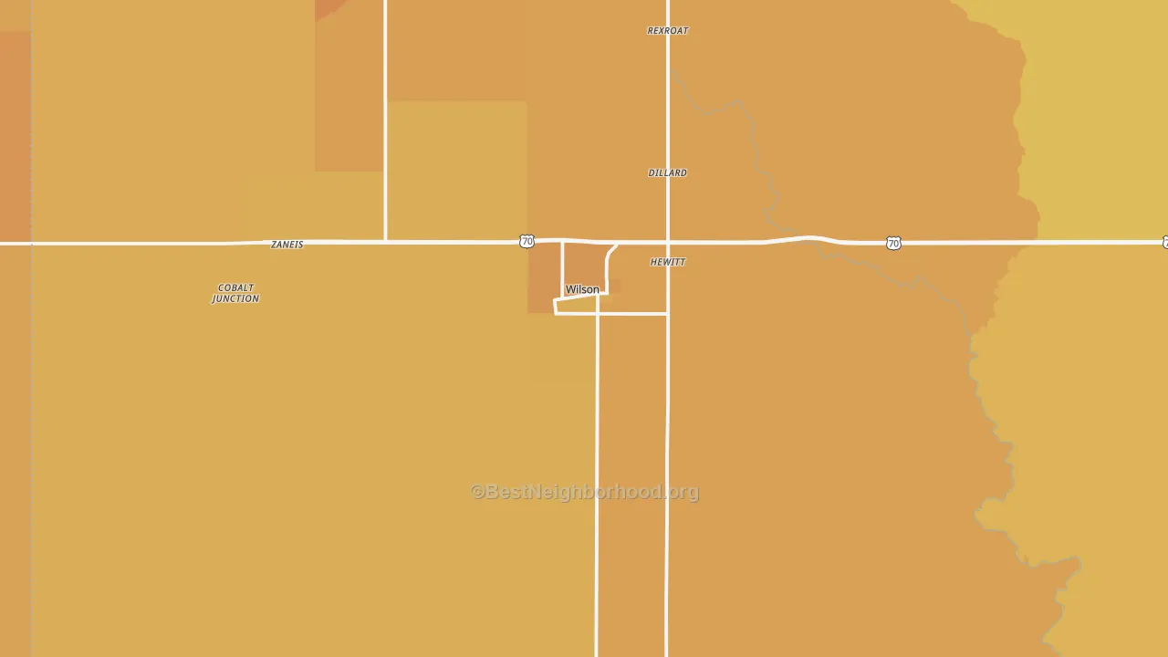 Map of the best neighborhoods in the 73463 area, with better matches in green and worse matches in red