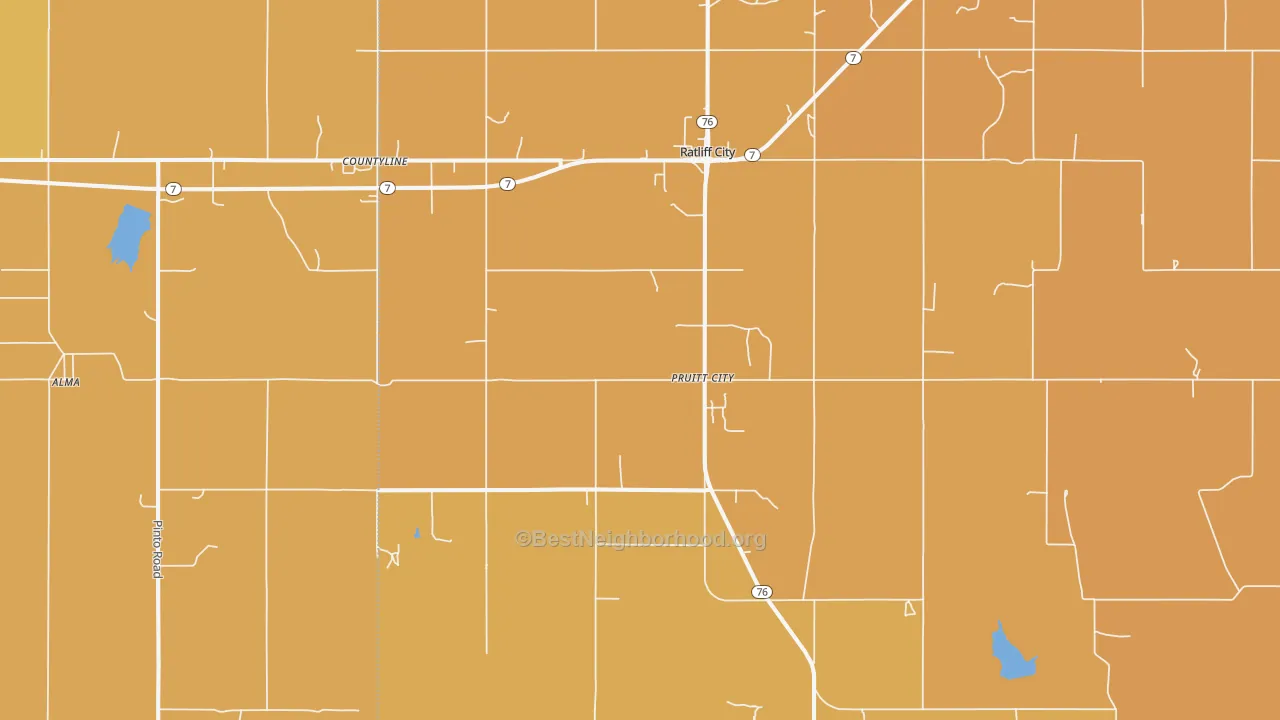 Map of the best neighborhoods in the 73481 area, with better matches in green and worse matches in red