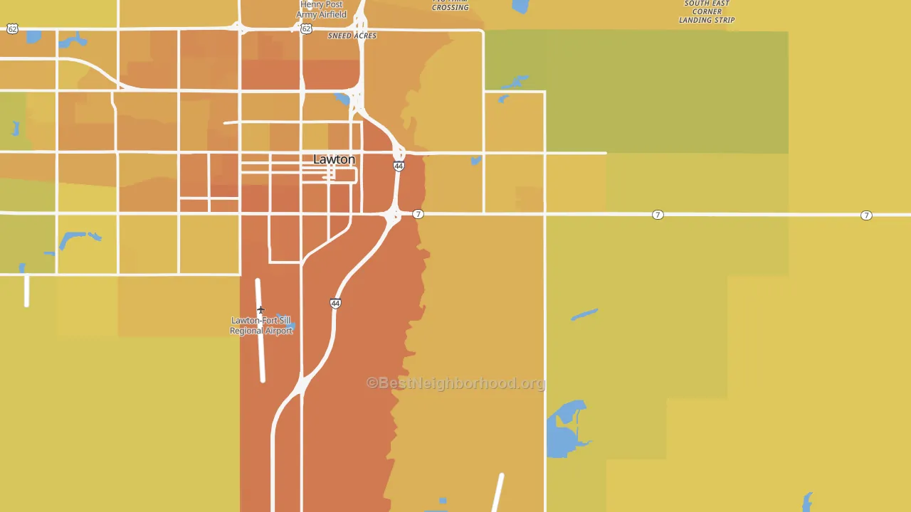 Map of the best neighborhoods in the 73501 area, with better matches in green and worse matches in red