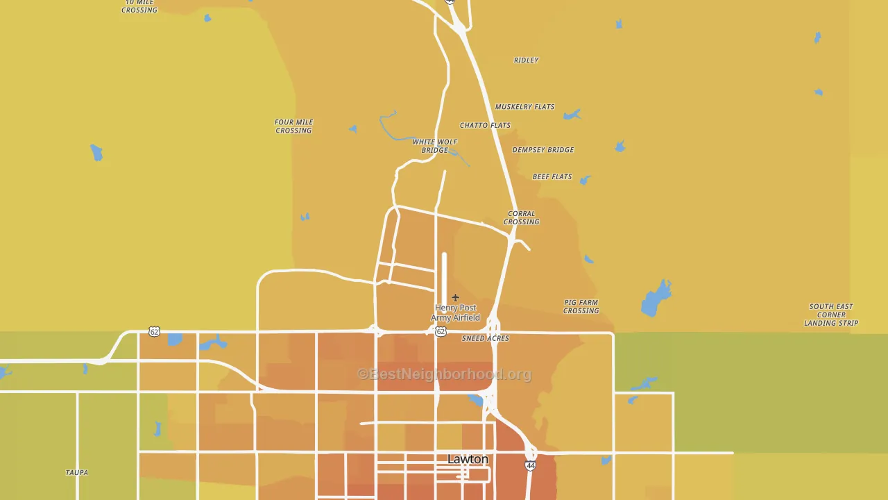 Map of the best neighborhoods in the 73503 area, with better matches in green and worse matches in red