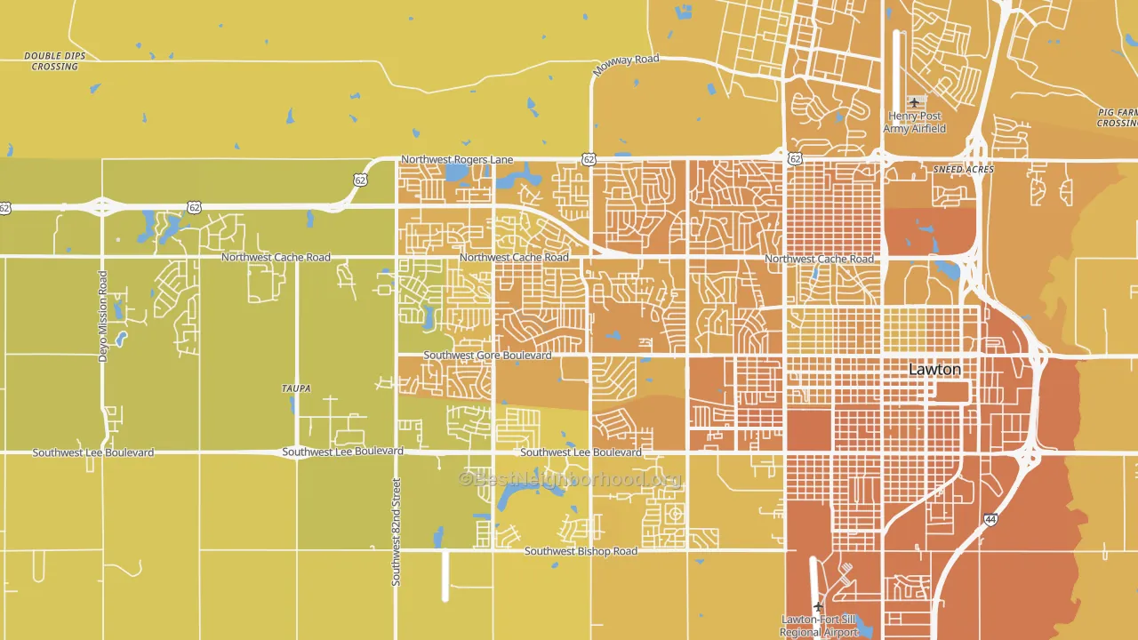 Map of the best neighborhoods in the 73505 area, with better matches in green and worse matches in red