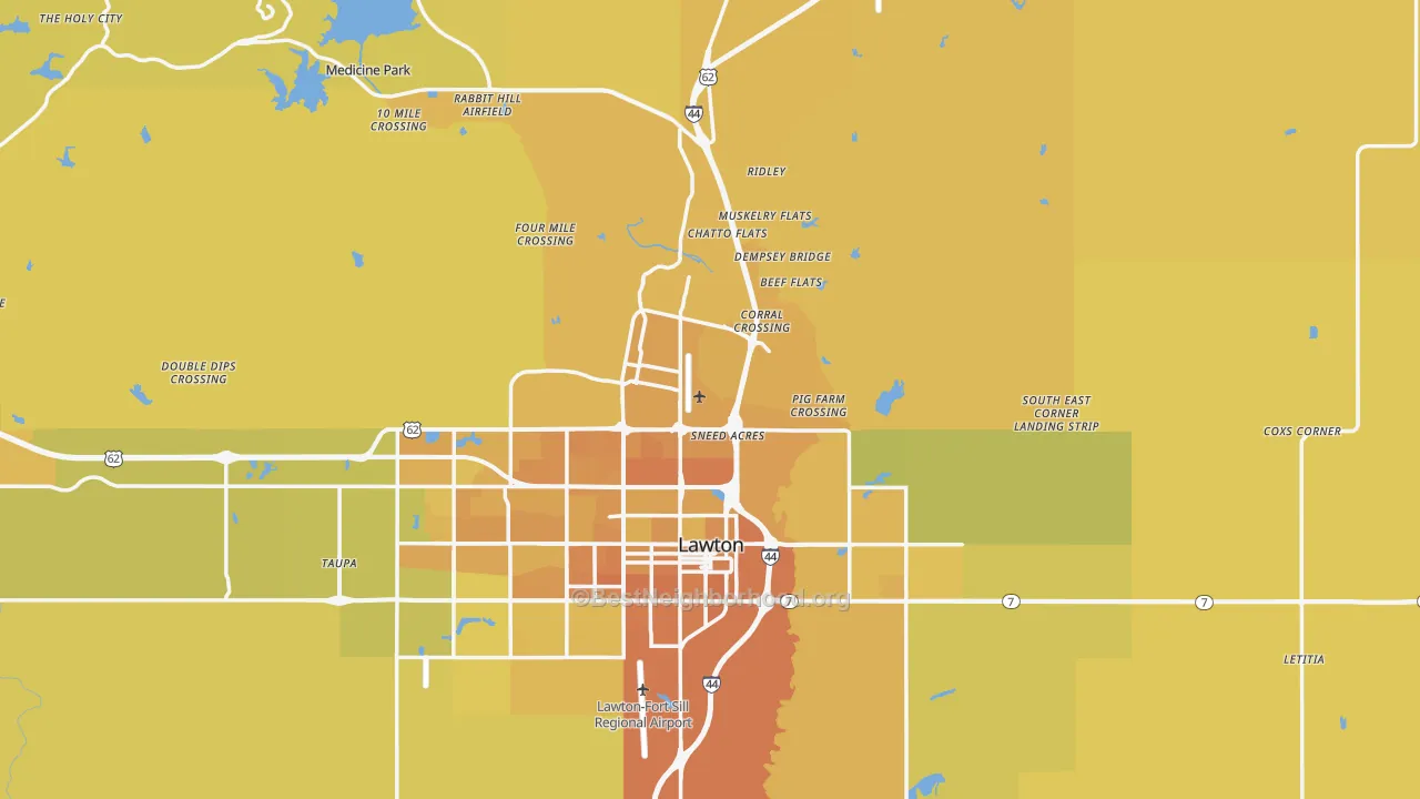 Map of the best neighborhoods in the 73507 area, with better matches in green and worse matches in red