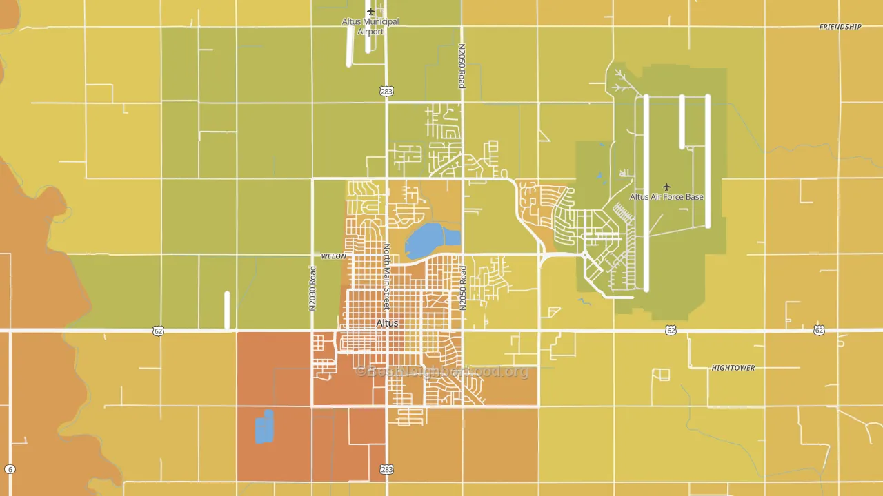 Map of the best neighborhoods in the 73521 area, with better matches in green and worse matches in red