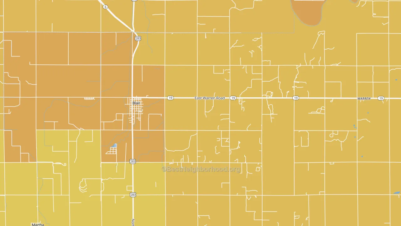 Map of the best neighborhoods in the 73526 area, with better matches in green and worse matches in red