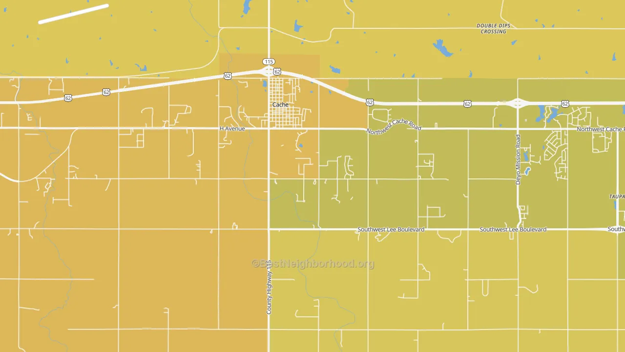 Map of the best neighborhoods in the 73527 area, with better matches in green and worse matches in red